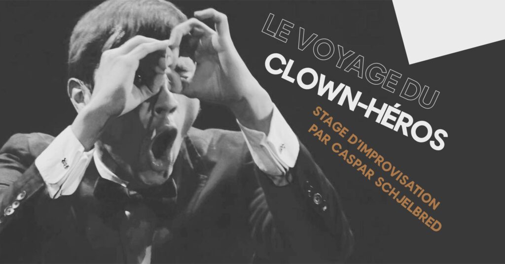 Caspar Schjelbred making expressive binoculars gesture during a clown performance.