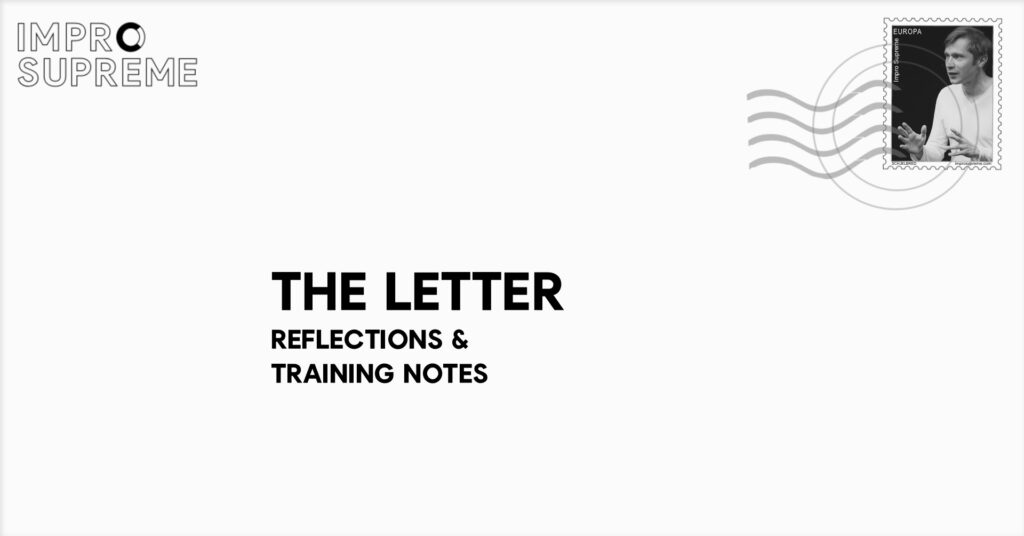 Black-and-white visual for the Impro Supreme Letter designed as a postal letter layout, with a portrait integrated as a stamp.
